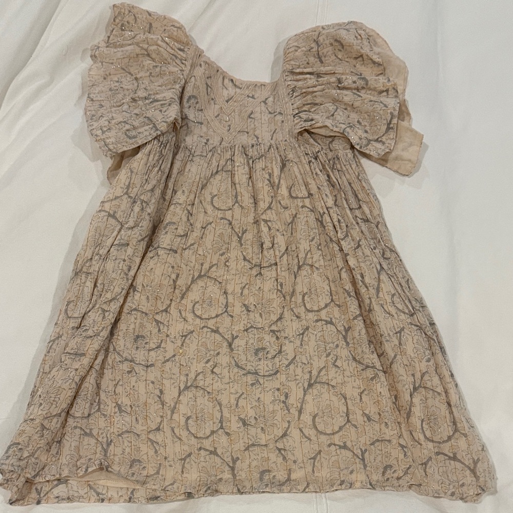 Charming Beige Kids Dress with Puffed Sleeves